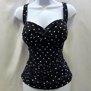 NIP TUCK Pin-Up Perfection! Black & White Polka Dot Ruched Tankini Top Size 10